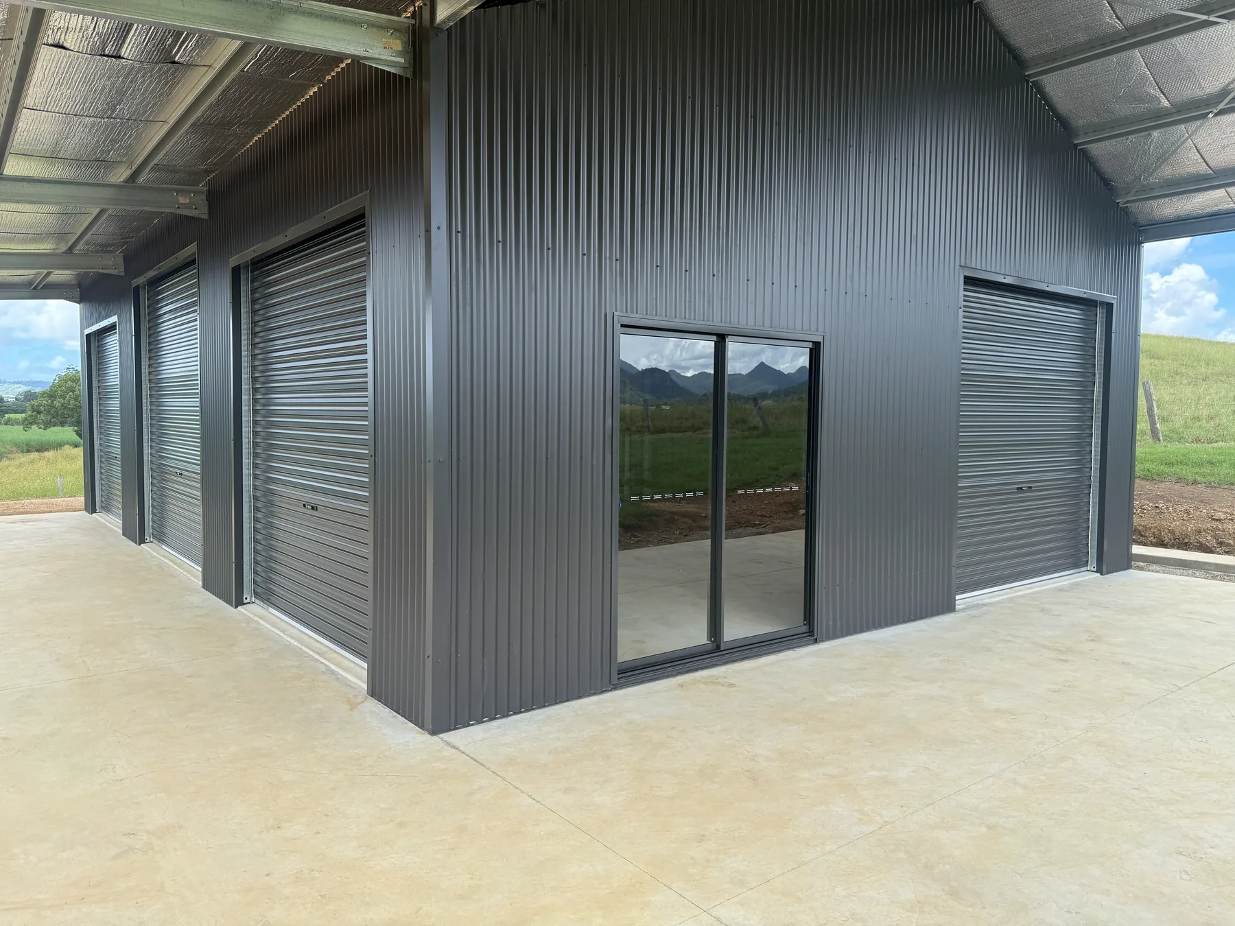 Lined shed interior with a sliding glass door